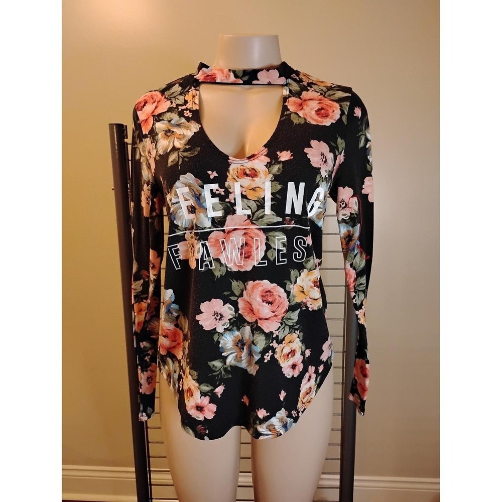 Hot Gal Feeling Flawless Floral Choker Neck Long Sleeve Top Black Pink Small